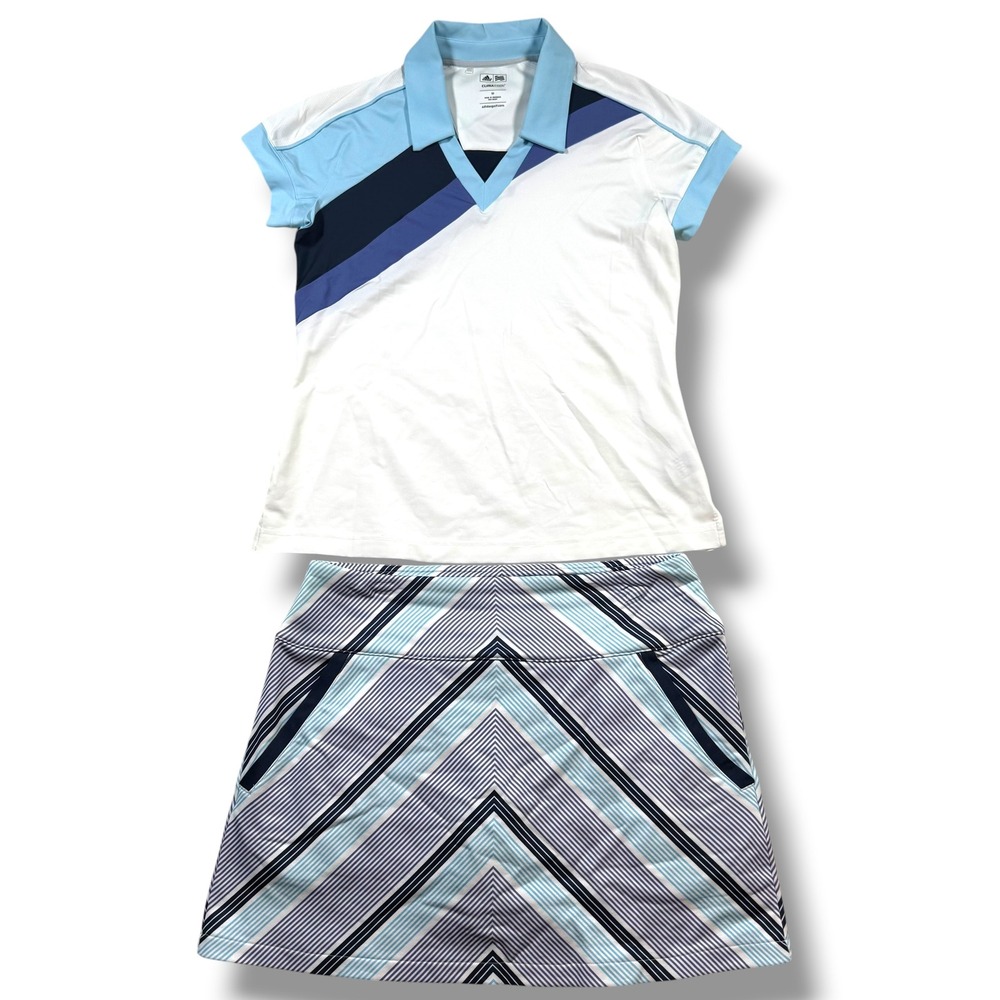 Adidas‎ Skort Set Women's Medium Striped ClimaCool Golf Pickleball Polo Outfit